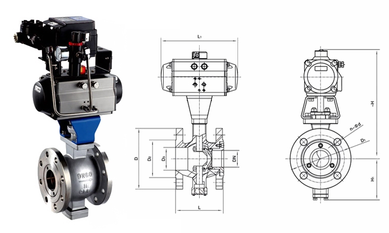 VQ640(F/H/Y)法蘭式氣動V型球閥外形結構圖 V型球閥(圖3)