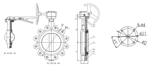 凸耳蝶閥(圖1) LT型對(duì)夾蝶閥結(jié)構(gòu)圖